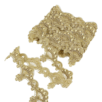 5Yards Polyester Flower Lace Ribbon, Flower Trimming for Wedding Dress Decoration, with Imitation Pearl, Gold, 2 inch(50mm)