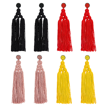 4 Pairs 4 Colors Polyester Tassels Earrings with Seed Beaded, Dangle Stud Earrings with Steel Iron Pins, Mixed Color, 133x29mm, 1 Pair/color