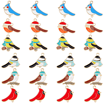 24Pcs 6 Style Alloy Enamel Pendants, Bird with Hat & Scarf, Light Gold, Mixed Color, 20~23x24.5~25x1.5mm, Hole: 2mm, 4pcs/style