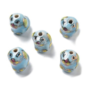 Handmade Porcelain Beads, Ornamental with Gold, Dog, Sky Blue, 14~14.5x11x14~16mm, Hole: 2mm