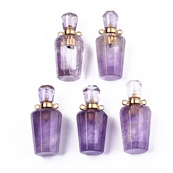 Faceted Natural Amethyst Pendants, Openable Perfume Bottle, with Golden Tone Brass Findings, Bottle, 36x15.5x15mm, Hole: 1.8mm, Bottle Capacity: 1ml(0.034 fl. oz)