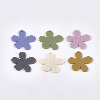 Opaque Acrylic Pendants, Flower, Mixed Color, 35x39x3mm, Hole: 2mm