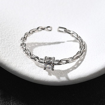 925 Sterling Silver Pave Cubic Zirconia Open Cuff Rings, Cable Chain Rings, Round, Inner Diameter: 18mm, Round: 3.5x3.5mm.