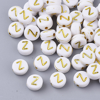 Plating Acrylic Beads, Golden Metal Enlaced, Horizontal Hole, Flat Round with Alphabet, White, Letter.Z, 7x3.5mm, Hole: 1.2mm, about 360pcs/50g