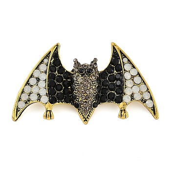 Bat Alloy Rhinestone Brooches, Lapel Pin for Backpack Clothes, Antique Golden, 33x58mm