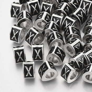 Alloy European Beads, Enamel Style, Large Hole Beads, Triangle with Letter, Platinum, Black, Letter.X, 9.5x9x6.5mm, Hole: 5mm