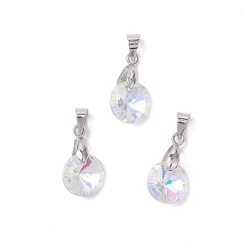 AB Color Plated Glass Charms, Flat Round, with Brass Pinch Bails, Faceted, Platinum, 10.5x5.5mm, Hole: 5x3.5mm