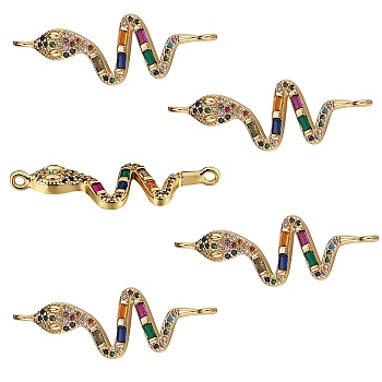 5Pcs Brass Micro Pave Cubic Zirconia Links Connectors, Cadmium Free & Lead Free, Snake, Colorful, Golden, 35x13x2.5mm, Hole: 1.2mm