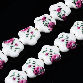 Handmade Porcelain Ceramic Beads Strands, Flower Printed, Flower, Medium Violet Red, 14x15x6mm, Hole: 1.8mm, about 23pcs/strand, 12.4 inches(31.5cm)
