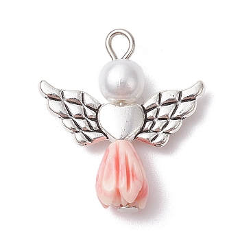Resin Imitation Pearl Pendants, Rose Angel Charms with Antique Silver Plated Alloy Heart Wings, Misty Rose, 23.5~24x21.5x7mm, Hole: 1.8~2.2mm
