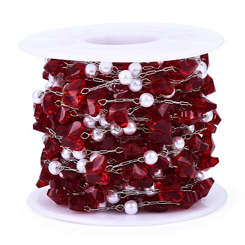 Glass Butterfly & ABS Plastic Pearl Beaded Chains, with Stainless Steel Color Plated 316 Stainless Steel Paperclip Chains, Soldered, Faceted, with Spool, Red, 6x8x4.5mm, about 16.40 Feet(5m)/Roll