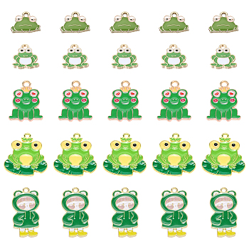 SUNNYCLUE 30Pcs 5 Style Alloy Enamel Pendants, Frog, Light Gold, Lawn Green, 5~29x13~17.2x1.3~2mm, Hole: 1.8~2.3, 6pcs/style