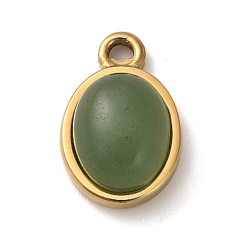 Natural Green Aventurine Pendants, 304 Stainless Steel Oval Charms, Golden, 15.5x10x5.5mm, Hole: 1.6mm