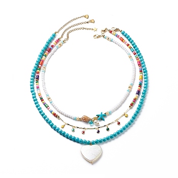 3Pcs 3Pcs Shell Pearl & Acrylic Heart & Enamel Pendant Necklaces Set, Dyed Synthetic Turquoise Starfish & Natural Shell Beaded Stackable Necklaces for Women, Golden, 15.94~20.00 inch(40.5~50.8cm), 1Pc/style