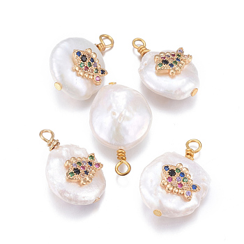 Natural Cultured Freshwater Pearl Pendants, with Brass Micro Pave Cubic Zirconia Findings, Nuggets with Fish, Golden, Colorful, 17~26x11~16x5~11mm, Hole: 1.6~2mm