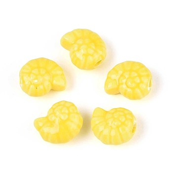 Handmade Porcelain Ceramic Beads, Bright Glazed Porcelain, Shell Shape, Yellow, 14x12x7.5~8mm, Hole: 2~2.5mm