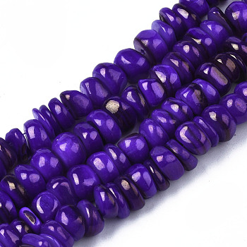Natural Trochid Shell/Trochus Shell Beads Strands, Dyed, Flat Round, Blue Violet, 5~10x1~7mm, Hole: 1mm, about 94pcs/strand, 14.96''(38cm)