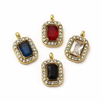 Vacuum Plating 304 Stainless Steel Cubic Zirconia Pendants, with Rhinestone, Rectangle Charms, Mixed Color, 13x8.5x3.5mm, Hole: 1.8mm