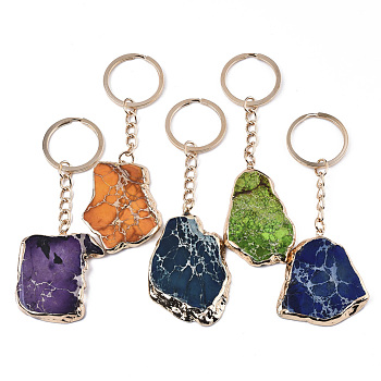 Natural Regalite/Imperial Jasper/Sea Sediment Jasper Keychain, with Golden Plated Edge & Light Gold Stainless Steel Split Key Rings, Dyed, Nuggets, Mixed Color, 92~110mm