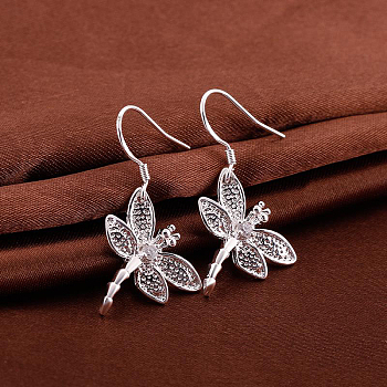 Dragonfly Brass Dangle Earrings, Silver Color Plated, 32x19mm