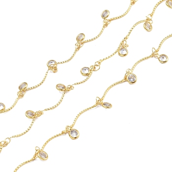 3.28 Feet Handmade Brass Bar Link Chains, with Clear Cubic Zirconia Charm, Soldered, Long-Lasting Plated, Flat Round, Real 18K Gold Plated, 7x4.5x2mm