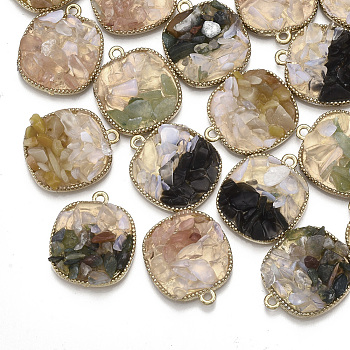 Natural Gemstone Chips Pendants, with Alloy Findings, Square, Light Gold, Mixed Color, 23x20x5mm, Hole: 1.8mm