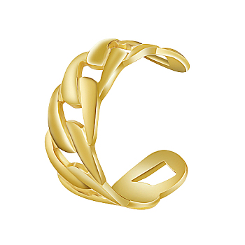 Stainless Steel Curb Chain Style Cuff Rings, for Women Men, Real 18K Gold Plated, 10mm, Inner Diameter: 21mm