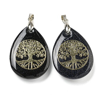 Synthetic Blue Goldstone Teardrop Pendants, Golden Tree of Life Charms with Rack Plating Platinum Tone Brass Snap on Bails, Platinum, Cadmium Free & Lead Free, 37x23x7mm, Hole: 5x4mm