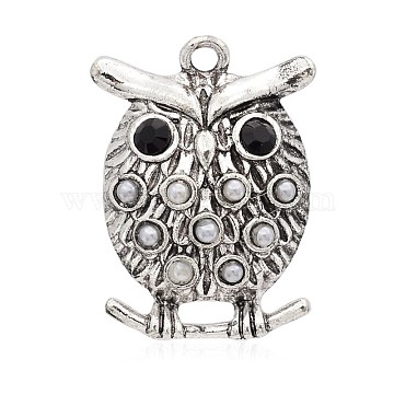 Halloween Owl Antique Silver Plated Alloy Rhinestone Pendants, with Acrylic Pearl Cabochons, White, 39x28.5x9mm, Hole: 3mm(PALLOY-J636A-01AS)