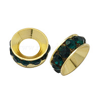 Brass Rhinestone Spacer Beads, Grade A, Rondelle, Golden Metal Color, Emerald, 9x4mm, Hole: 4mm(RB-A020-9mm-08G)