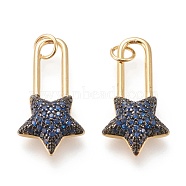 Brass Micro Pave Cubic Zirconia Pendants, with Jump Rings, Long-Lasting Plated, Real 18K Gold Plated & Gunmetal, Star, Blue, 24.5x12.5x4.5mm, Hole: 3mm(ZIRC-I045-07C)