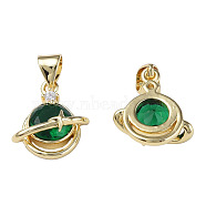 Brass Micro Pave Cubic Zirconia Pendants, with Brass Snap on Bails, Nickel Free, Real 18K Gold Plated, Flat Round with Star, Green, 15x12.5x6mm, Hole: 3x4mm(ZIRC-N039-238)