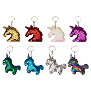 8Pcs 8 Style Reflective Sequin Unicorn Pendant Keychain, with Platinum Plated Iron Findings, for Car Keychain Bag Ornament, Mixed Color, 12.3~12.8cm, 1pc/style(KEYC-TA0001-20)