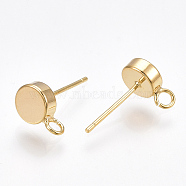 Brass Stud Earring Findings, with Loop, Flat Round, Nickel Free, Real 18K Gold Plated, 9x6mm, Hole: 1.8mm, Pin: 0.8mm(X-KK-T038-293G)