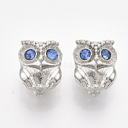Platinum Plated Alloy European Beads, with Rhinestones, Large Hole Beads, Owl, Sapphire, 11x9x9mm, Hole: 4.5mm(MPDL-S067-15)