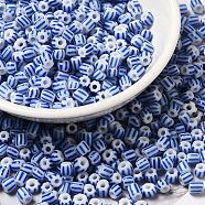 8/0 Opaque Colours Seep Glass Seed Beads, Round Hole, Round with Stripe Pattern, Blue, 3~3.5x2~3mm, Hole: 1mm, about 450g/bag(SEED-F003-04B-02)