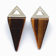 Natural Tiger Eye Pendants, with Alloy Findings, Triangle, Platinum, 34x14x14.5mm, Hole: 4x6mm(KK-E757-D-09P)