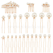 BENECREAT 2 Sets 2 Style U Shape Pearl Hair Forks & Hair Combs, Alloy Bobby Pins Bridal Hair Sticks for Wedding Party Hair Accessories, Golden, 38.5~80.5x9~62.5x1~4.5mm, 1set/style(OHAR-BC0001-01)