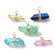 Real 18K Gold Plated Copper Wire Wrapped Dyed Natural Quartz Crystal Pendants, Pointed Nuggets Charms, Mixed Color, 10~15x19~22x5~11mm, Hole: 2mm, 5pcs/set(PALLOY-TA00101)
