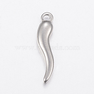 304 Stainless Steel Pendants, Horn of Plenty/Italian Horn Cornicello Charms, Stainless Steel Color, 19.5x5x2mm, Hole: 1.5mm(STAS-G172-57P)