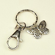 Tibetan Style Butterfly Keychain, with Iron Key Clasp Findings and Alloy Swivel Clasps, Platinum, 76mm(KEYC-JKC0009-15)