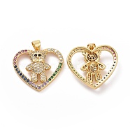 Brass Micro Pave Colorful Cubic Zirconia Pendants, Heart with Bear Charms, Golden, 22x24x5.5mm, Hole: 3x3.5mm(ZIRC-F134-01G)