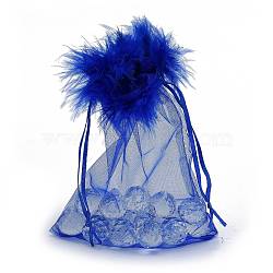Organza Gift Bags, with Drawstring and Feather, Jewelry Pouches Bags, for Wedding Party Candy Mesh Bags, Rectangle, Blue, 17.5x12.5x0.07cm(OP-F001-D-05)