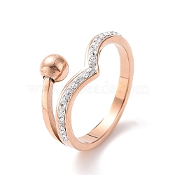 Crystal Rhinestone Wave with Round Ball Finger Ring, Ion Plating(IP) 304 Stainless Steel Jewelry for Women, Rose Gold, US Size 6~9(16.5~18.9mm)(RJEW-D120-11RG)