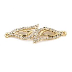 Rack Plating Brass Micro Pave Clear Cubic Zirconia Leaf Connector Charms, Cadmium Free & Lead Free, Real 18K Gold Plated, 13x39.5x2mm, Hole: 1.2mm(KK-A234-081G)