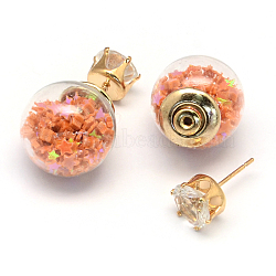 Girl's Double Sided Glass Ball Stud Earrings, with Star Paillette Beads inside, Rhinestones and Golden Iron Pins, Peru, 16mm, 8mm, Pin: 0.7mm(X-EJEW-R104-09K)