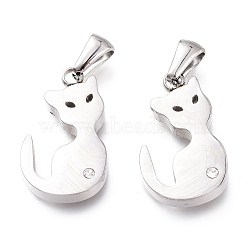 304 Stainless Steel Charms, with Crystal Rhinestone, Laser Cut, Manual Polishing, Cat, Stainless Steel Color, 21.5x12.5x3mm, Hole: 6.5x3mm(STAS-A047-01P)