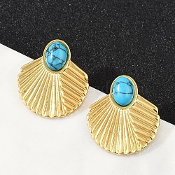 Fan 304 Stainless Steel Synthetic Turquoise Stud Earrings for Women, Ion Plating(IP), Real 18K Gold Plated, 23x20.5mm(EJEW-U046-17A-G)