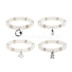 ABS Plastic Imitation Pearl  & Rhinestone Beaded Stretch Bracelet with Alloy Charm for Women, White, Mixed Patterns, Pendant: 17~20x14~18x1.5~2mm, Inner Diameter: 2-1/8 inch(5.3cm)(BJEW-JB08526)