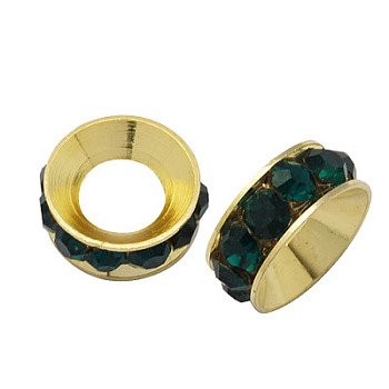 Brass Rhinestone Spacer Beads, Grade A, Rondelle, Golden Metal Color, Emerald, 9x4mm, Hole: 4mm